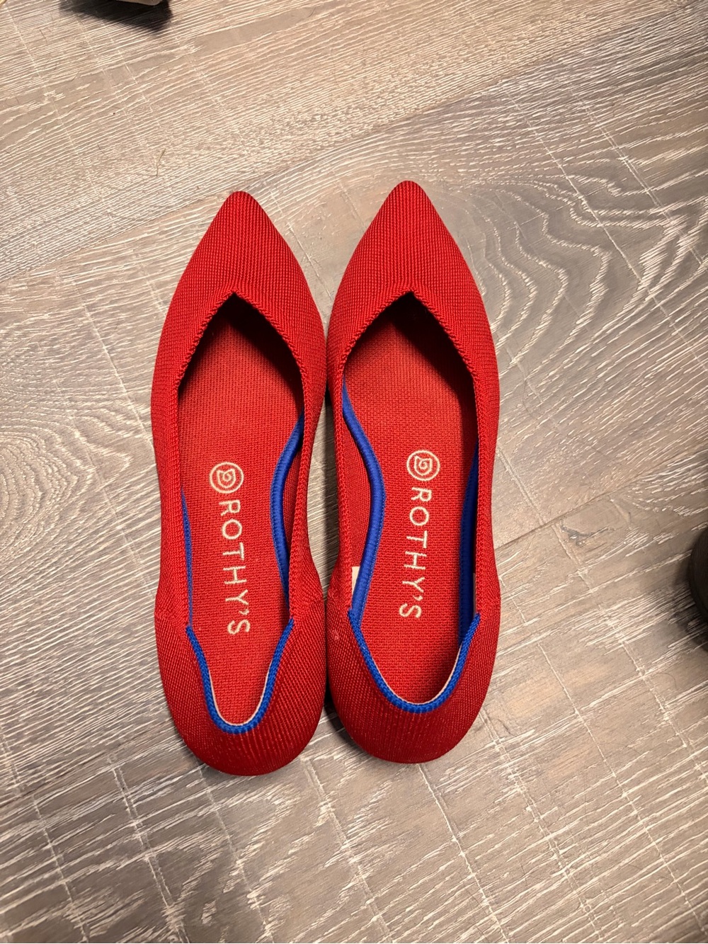 Rothy's Red Pointed Flats with Blue Trim